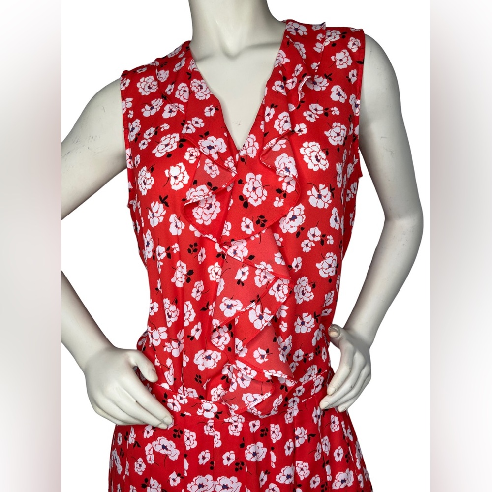 KARL LAGERFELD PARIS Red Floral Ruffle Sleeveless V Neck Button Down Blouse, L